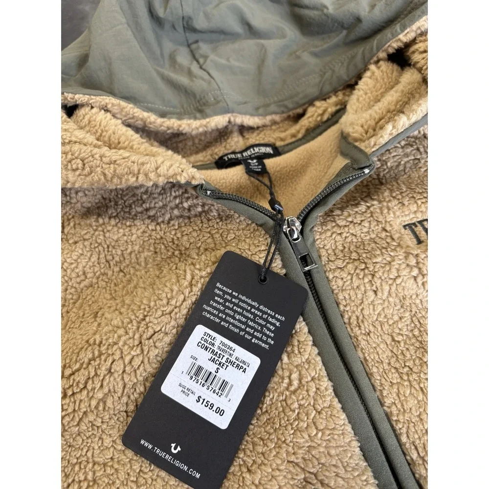 Men's Size Small True Religion Sherpa Tan And Green Zip Up Jacket New With Tags